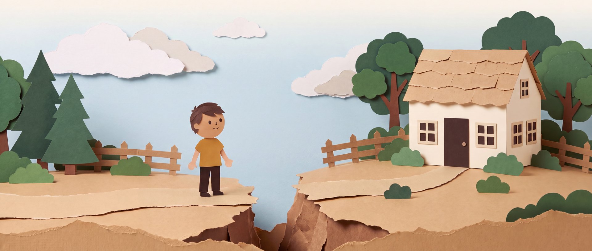 Cut-paper scene: a hopeful buyer facing the gap between him and the house