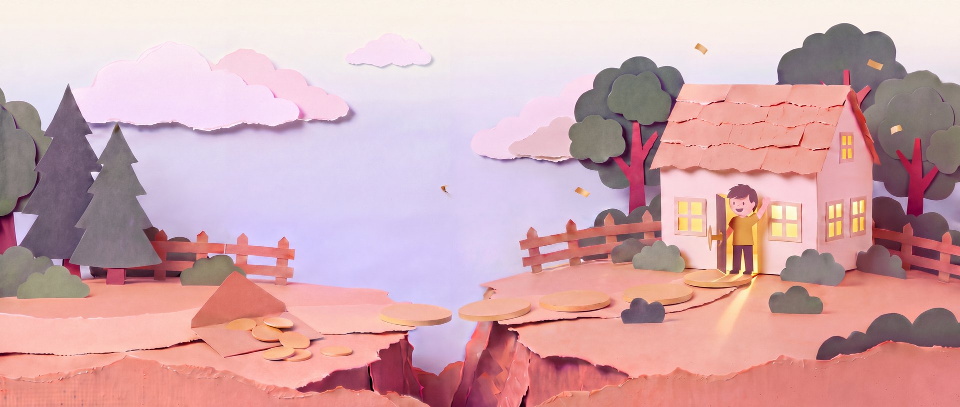 A cut-paper scene of a new homeowner waving from his lit front door, the gap to the house bridged by gold program coins