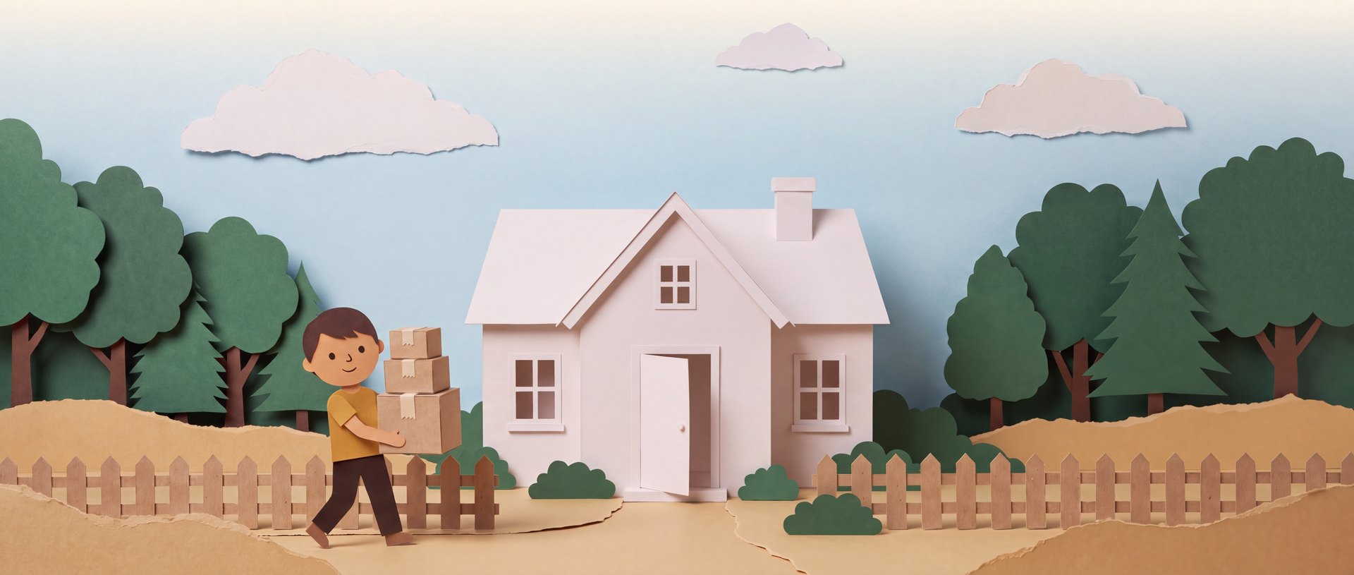 Cut-paper scene: a renter carrying moving boxes toward a pale house
