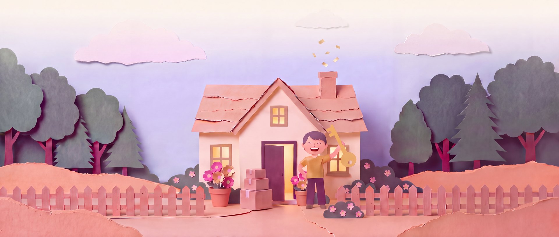 Cut-paper scene: the renter holding up the key to his own home